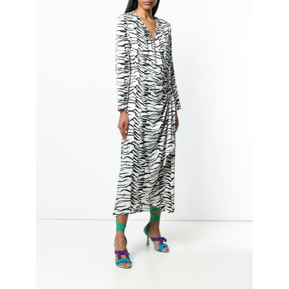 RIXO London Betty Mono Tiger Long Sleeve Wrap Dress Zebra Animal Print Women XS - Picture 3 of 14